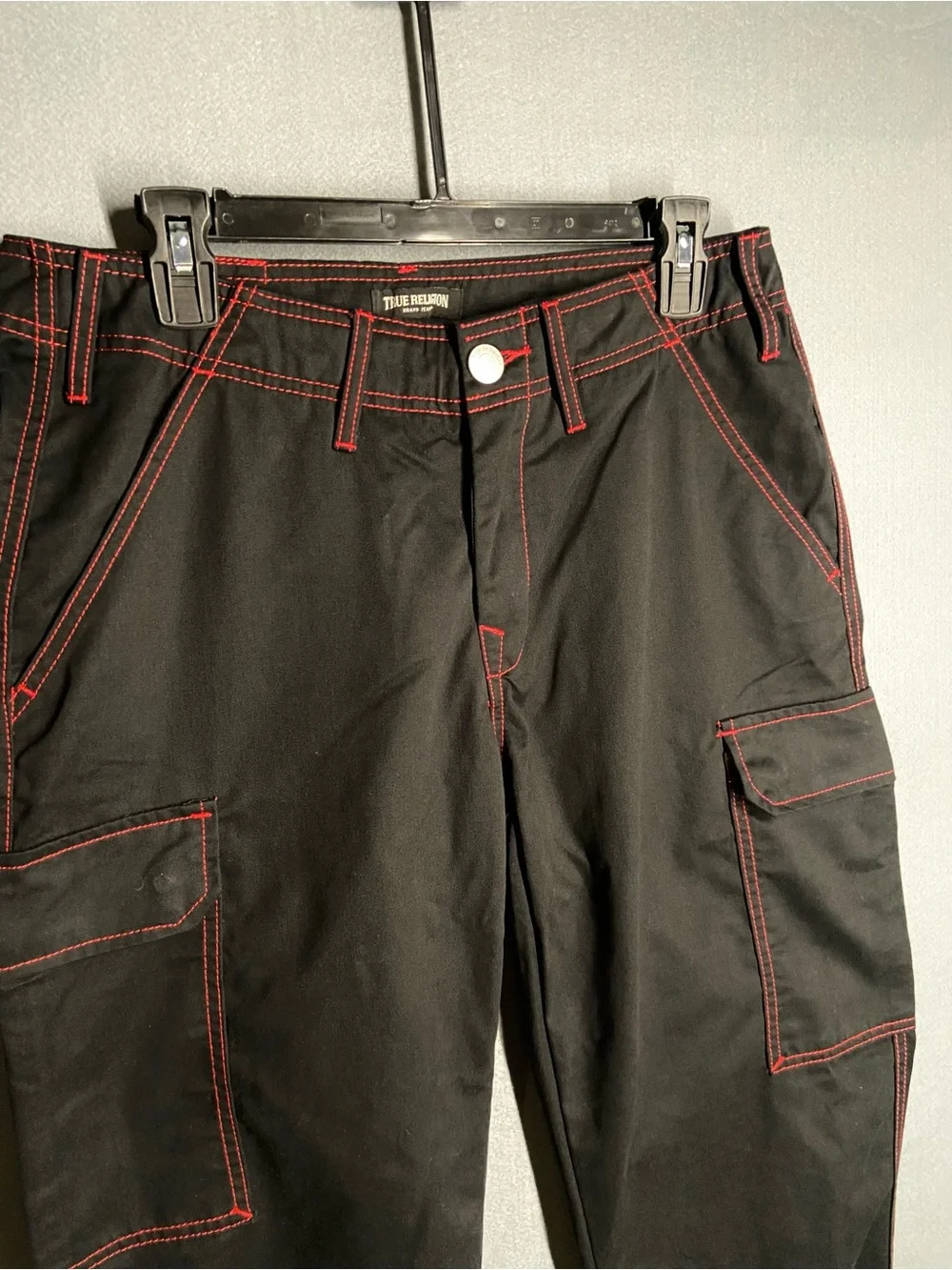 True Religion Black Cargo Pants with Red Contrast Stitching